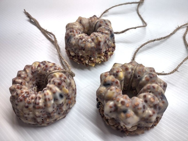 group of 3 birdseed bundt cakes with just hangers