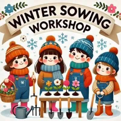 image of 4 children infront of a table with gardening tools