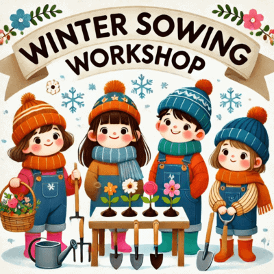 image of 4 children infront of a table with gardening tools