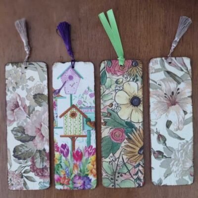 Wood bookmarks with garden themed graphics.