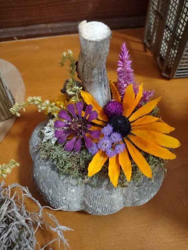 Hypertufa Pumpkin With Dried Flowers - Image 2