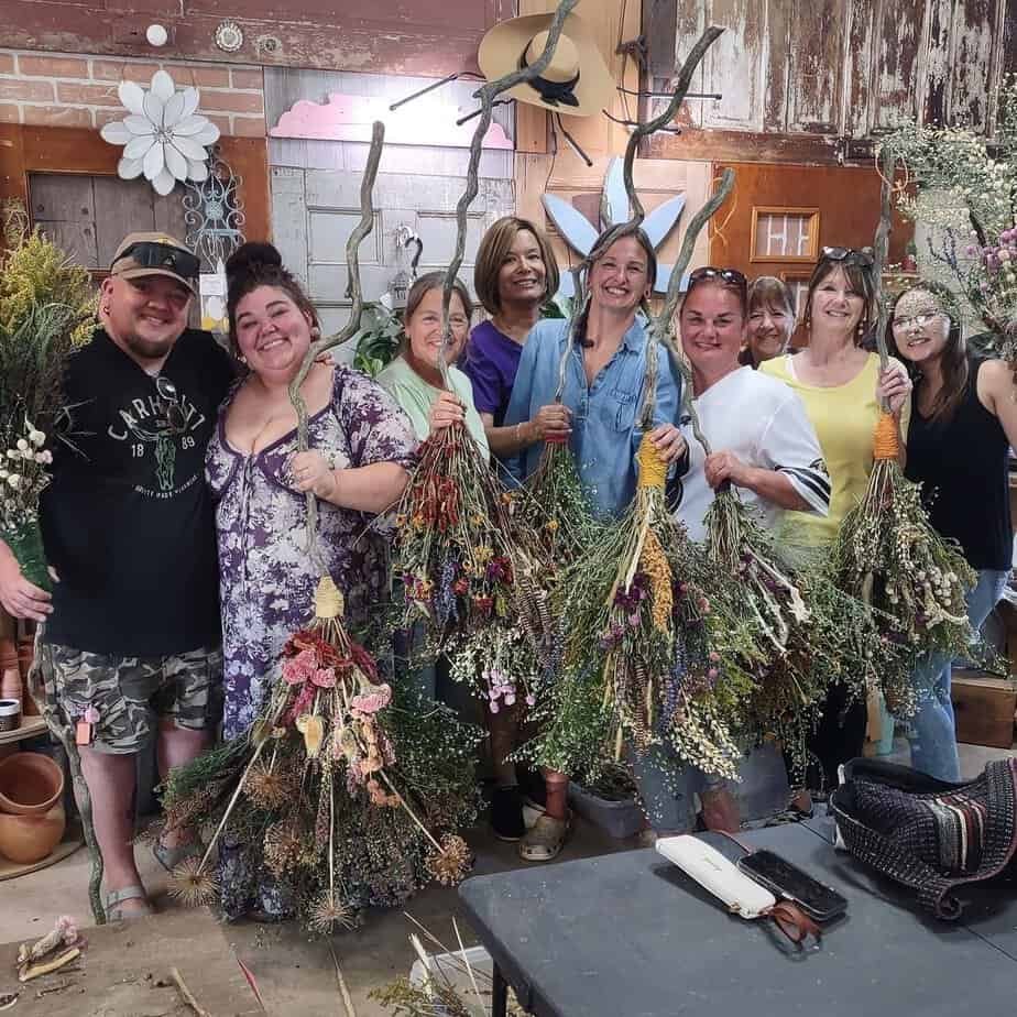 participants in dried floral broom workshop