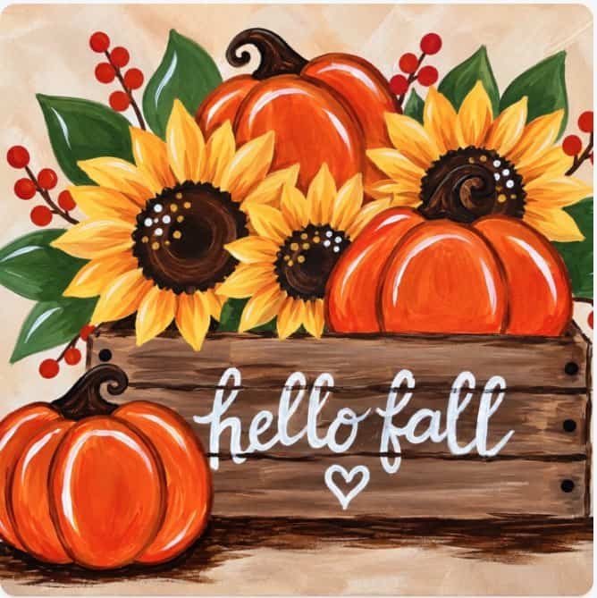 sunflowers and pumpkins in a wooden box painting