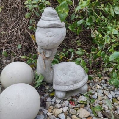 concrete turltle with a long neck and hat